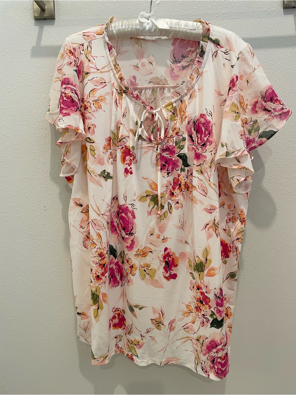 Perseption White Floral Tie-Neck Ruffle Sleeve Blouse